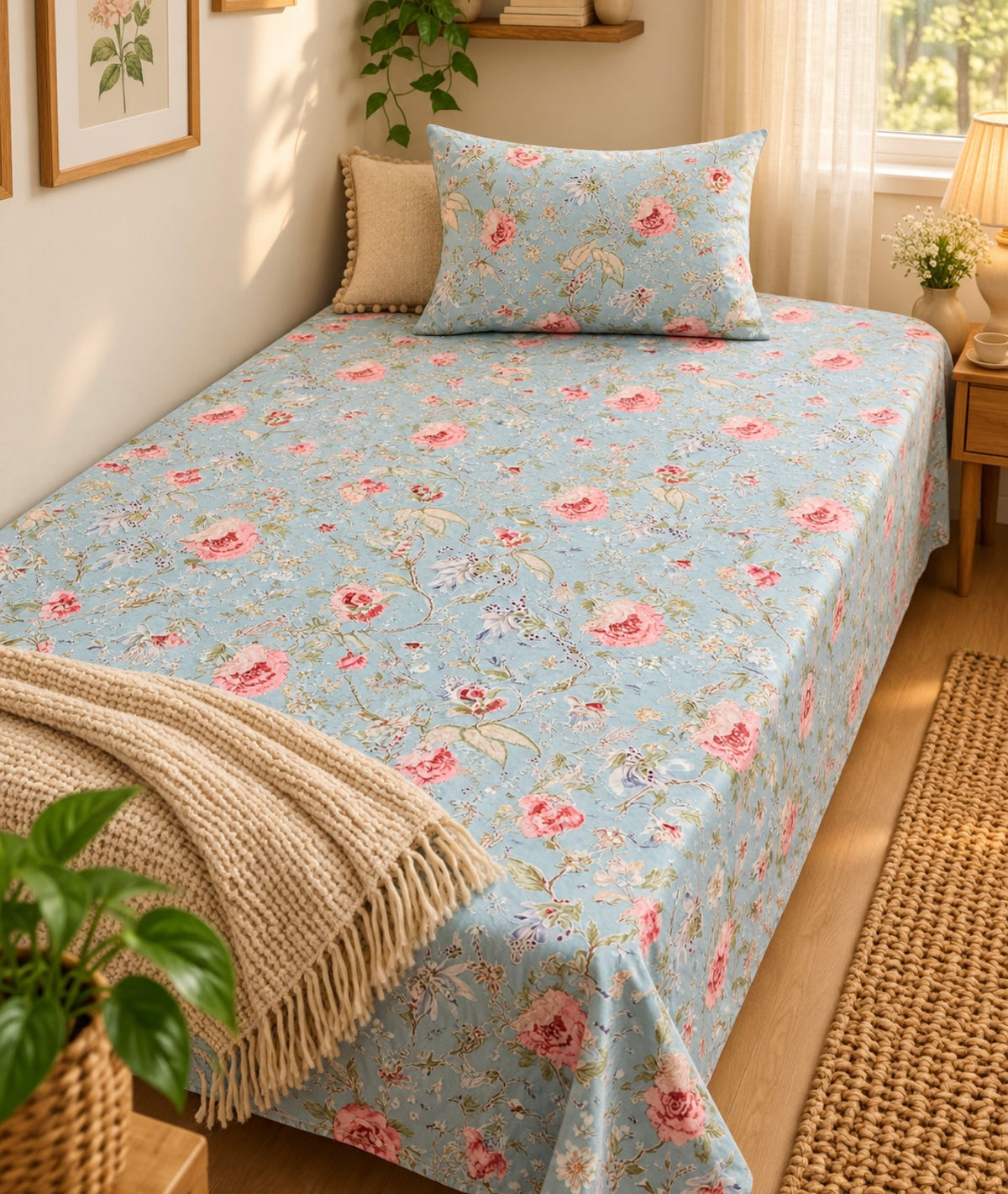 Pure cotton single bedsheet with 1 pillow cover (Size 60x90 inches)