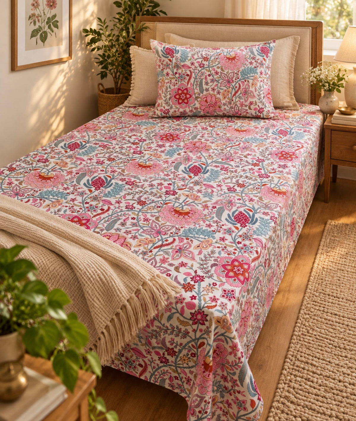 Pure cotton single bedsheet with 1 pillow cover (Size 60x90 inches)