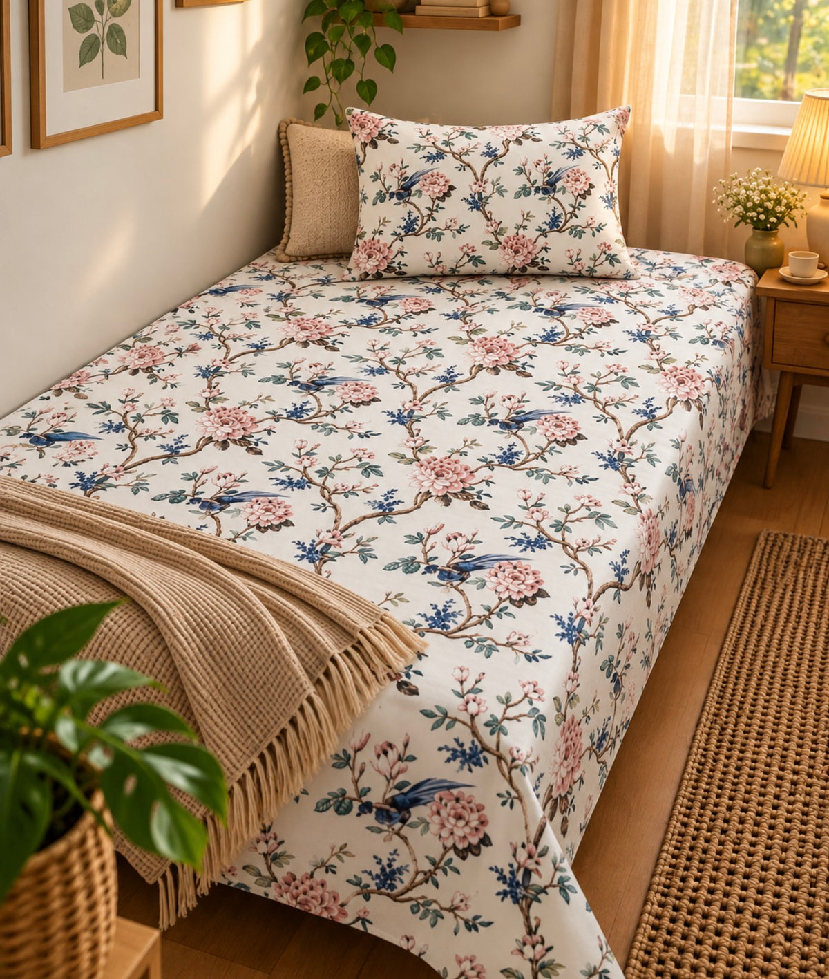 Pure cotton single bedsheet with 1 pillow cover (Size 60x90 inches)