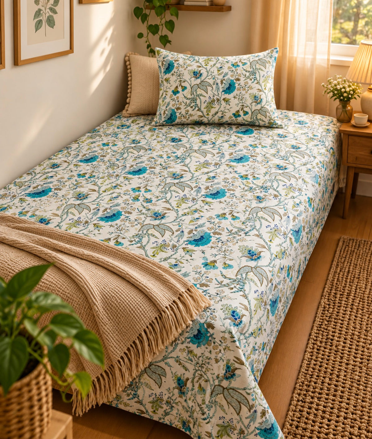 Pure cotton single bedsheet with 1 pillow cover (Size 60x90 inches)