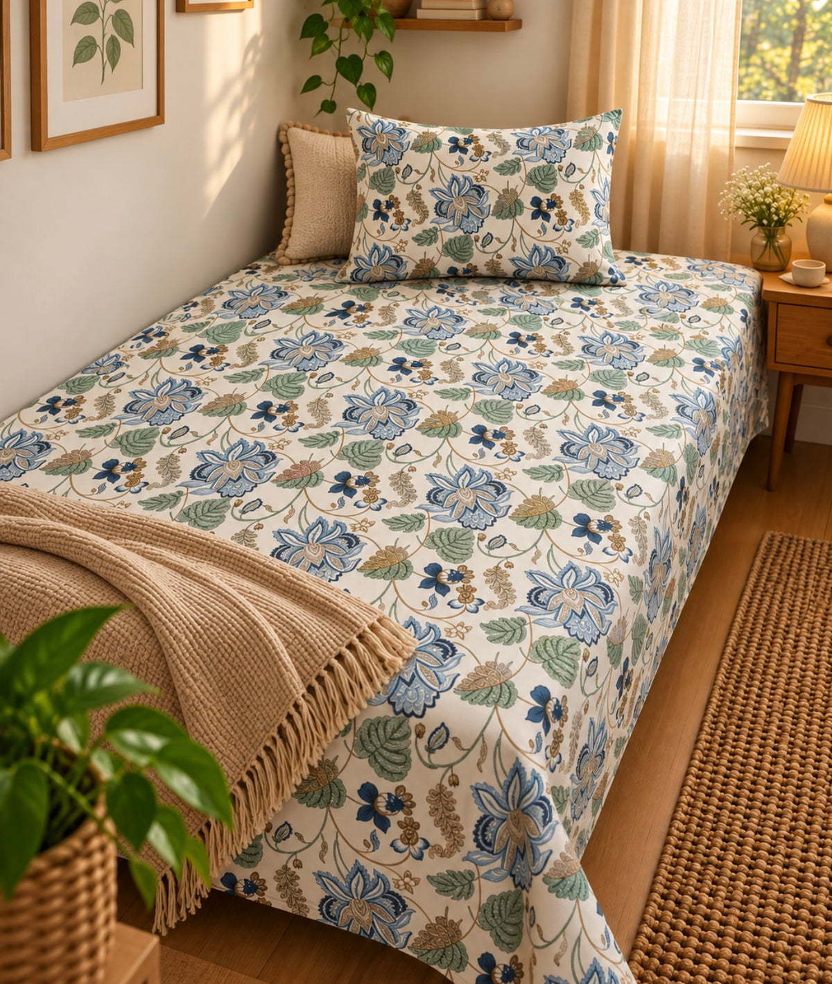 Pure cotton single bedsheet with 1 pillow cover (Size 60x90 inches)
