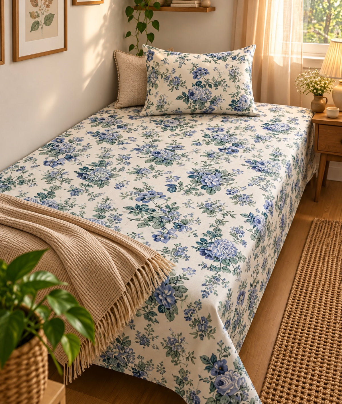 Pure cotton single bedsheet with 1 pillow cover (Size 60x90 inches)