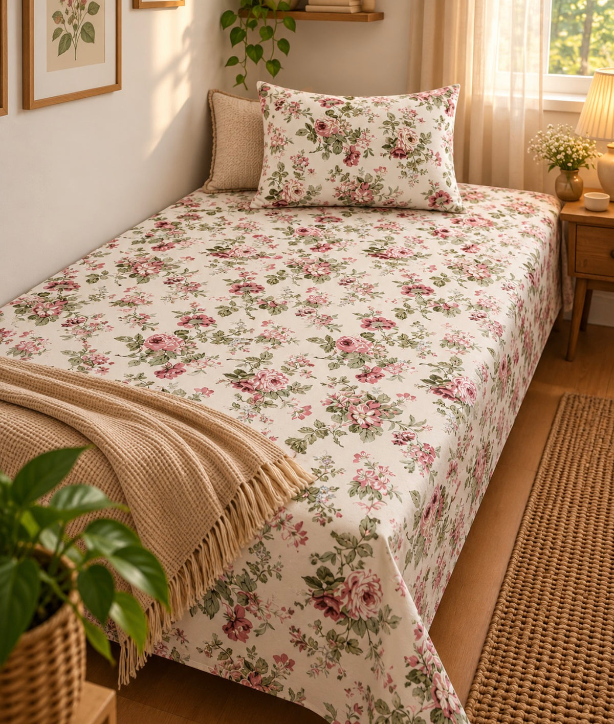 Pure cotton single bedsheet with 1 pillow cover (Size 60x90 inches)