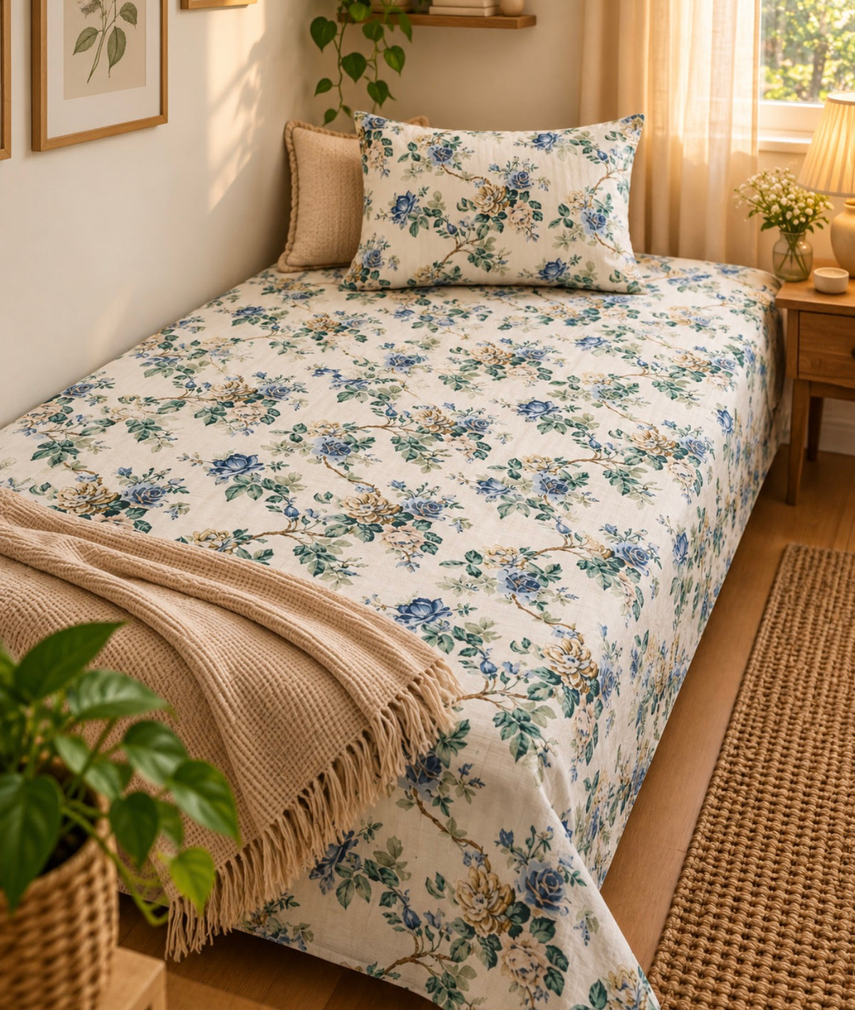Pure cotton single bedsheet with 1 pillow cover (Size 60x90 inches)