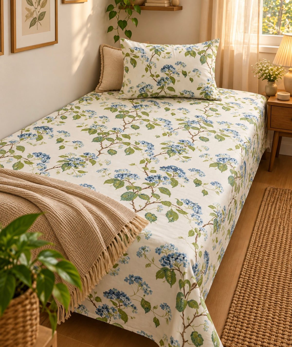 Pure cotton single bedsheet with 1 pillow cover (Size 60x90 inches)