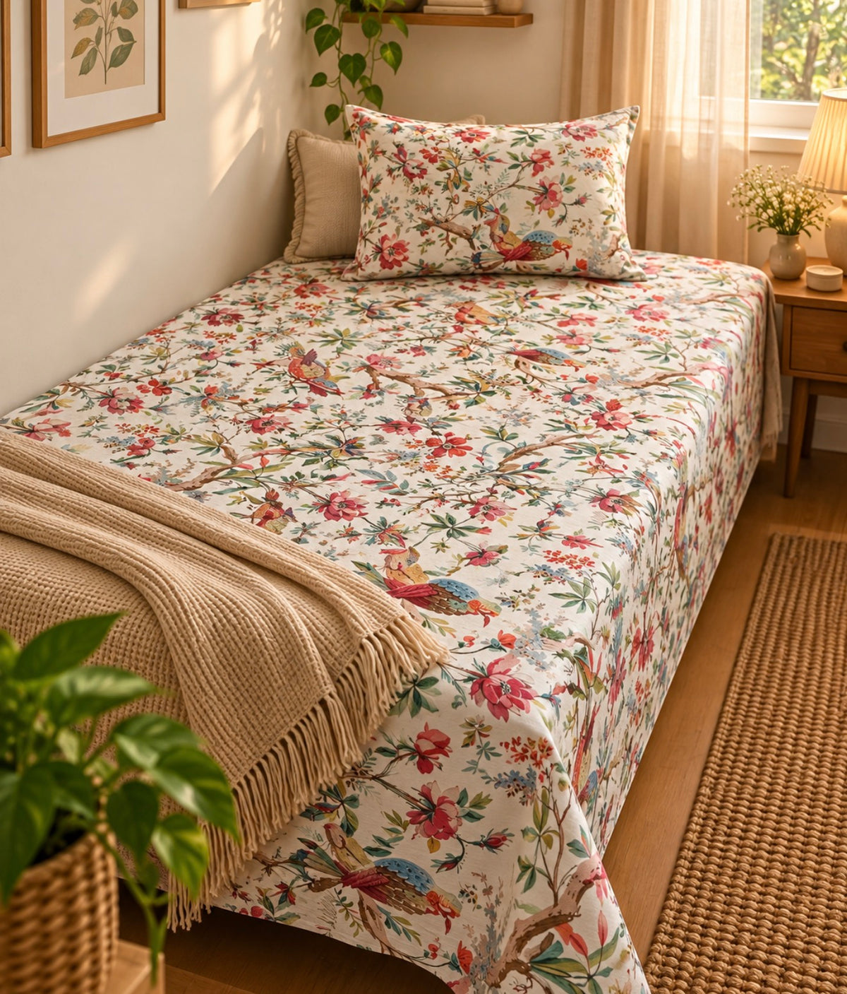 Pure cotton single bedsheet with 1 pillow cover (Size 60x90 inches)