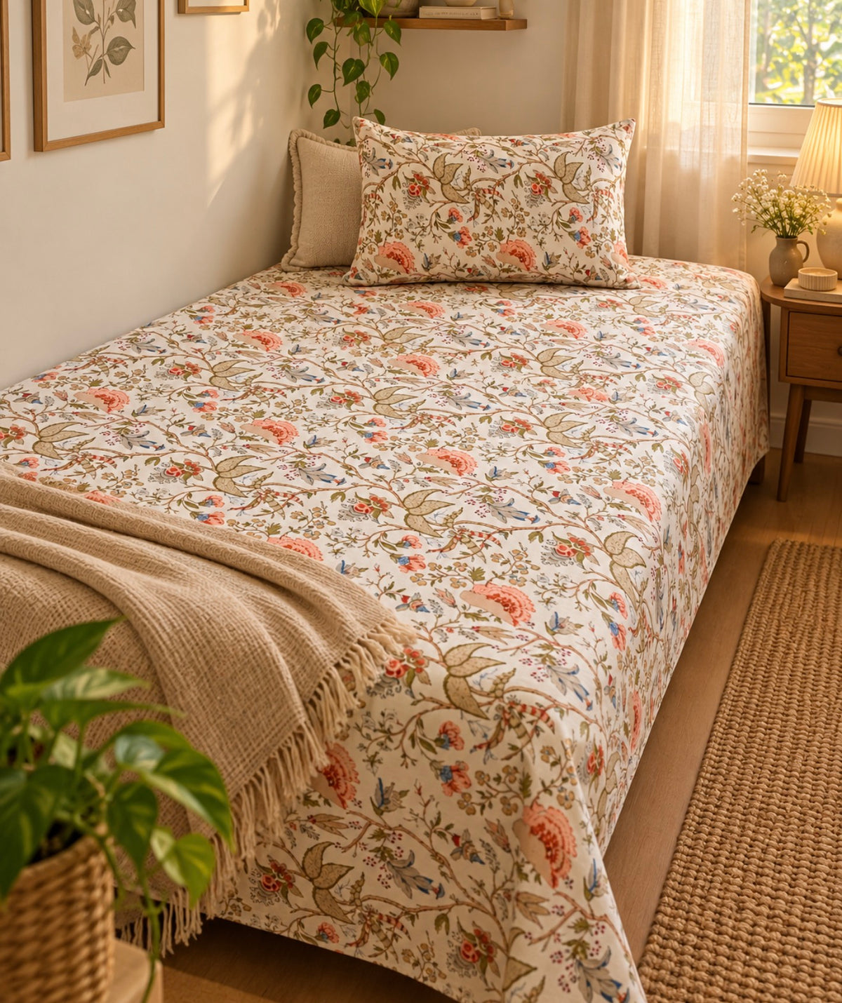Pure cotton single bedsheet with 1 pillow cover (Size 60x90 inches)
