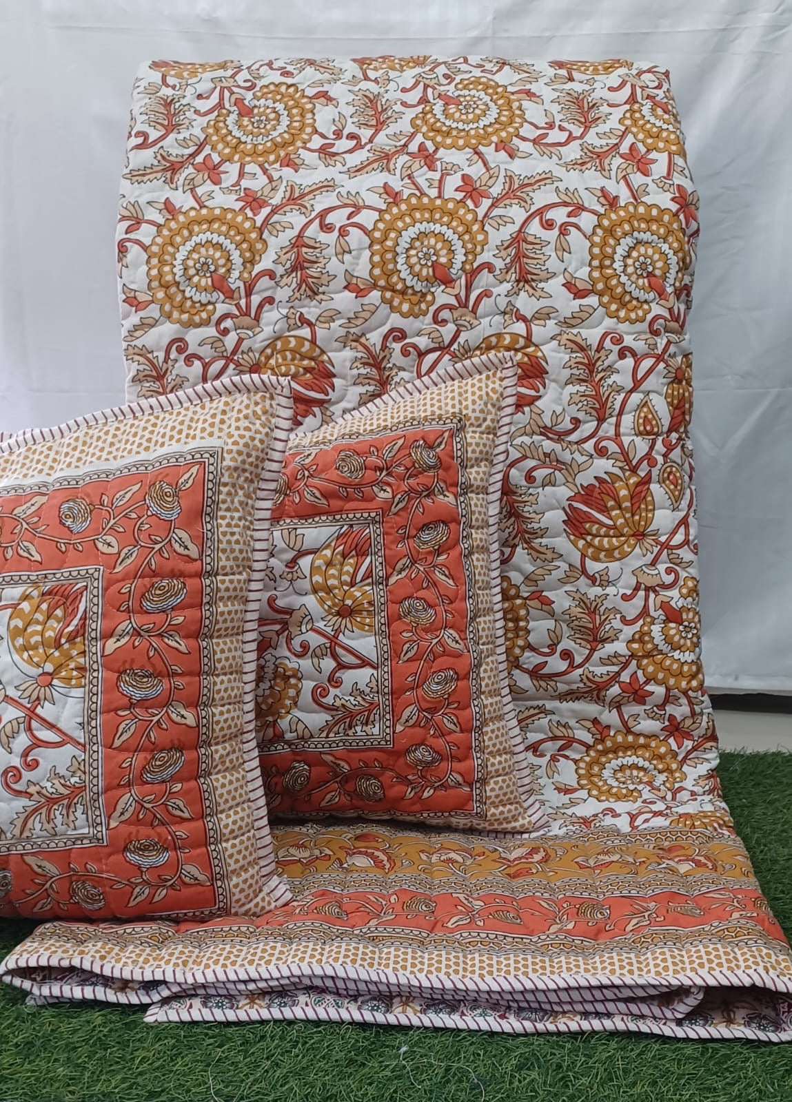 Pure mulmul cotton paani jaal quilted reversible double bedcovers with 2 quilted pillow covers (90x108 inches)