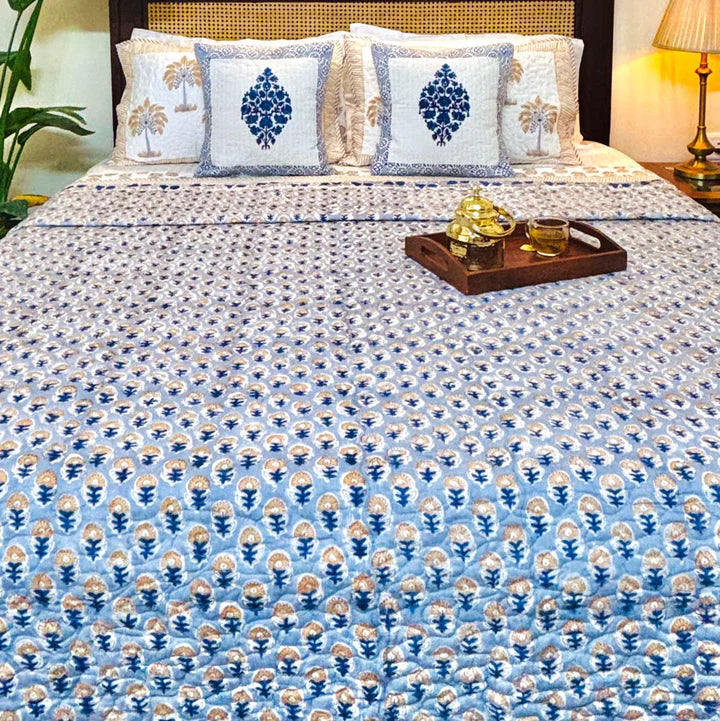 Pure cotton paani jaal quilted reversible double bedcovers with 2 quilted pillow covers (90x108 inches)