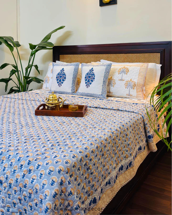 Pure cotton paani jaal quilted reversible double bedcovers with 2 quilted pillow covers (90x108 inches)