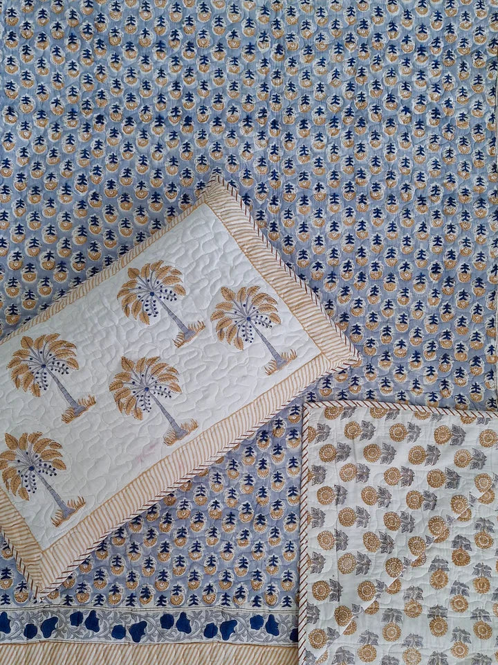 Pure cotton paani jaal quilted reversible double bedcovers with 2 quilted pillow covers (90x108 inches)