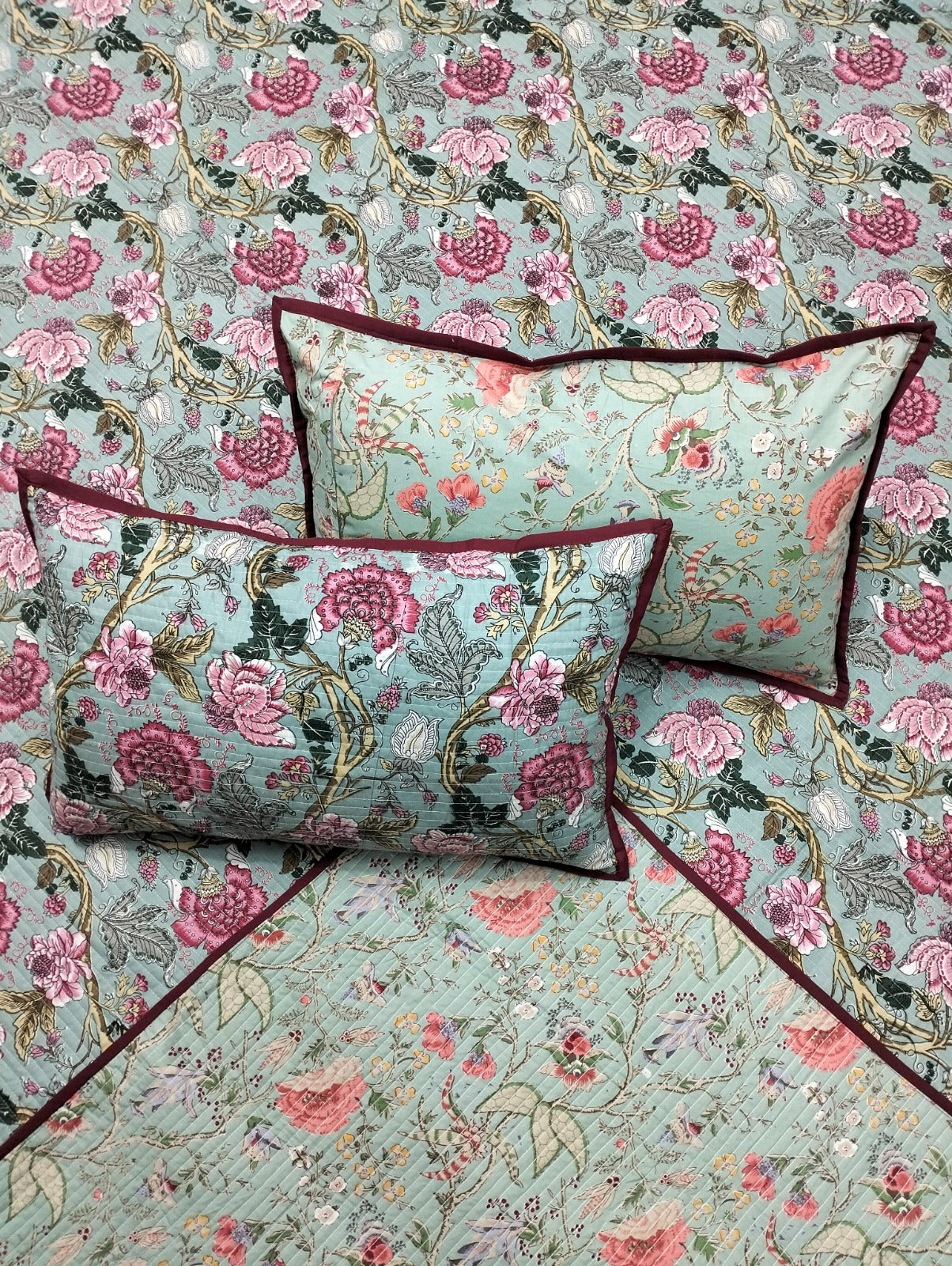 Pure cotton quilted and reversible bedcover/bedsheet with two quilted pillow covers (90x108 inches)