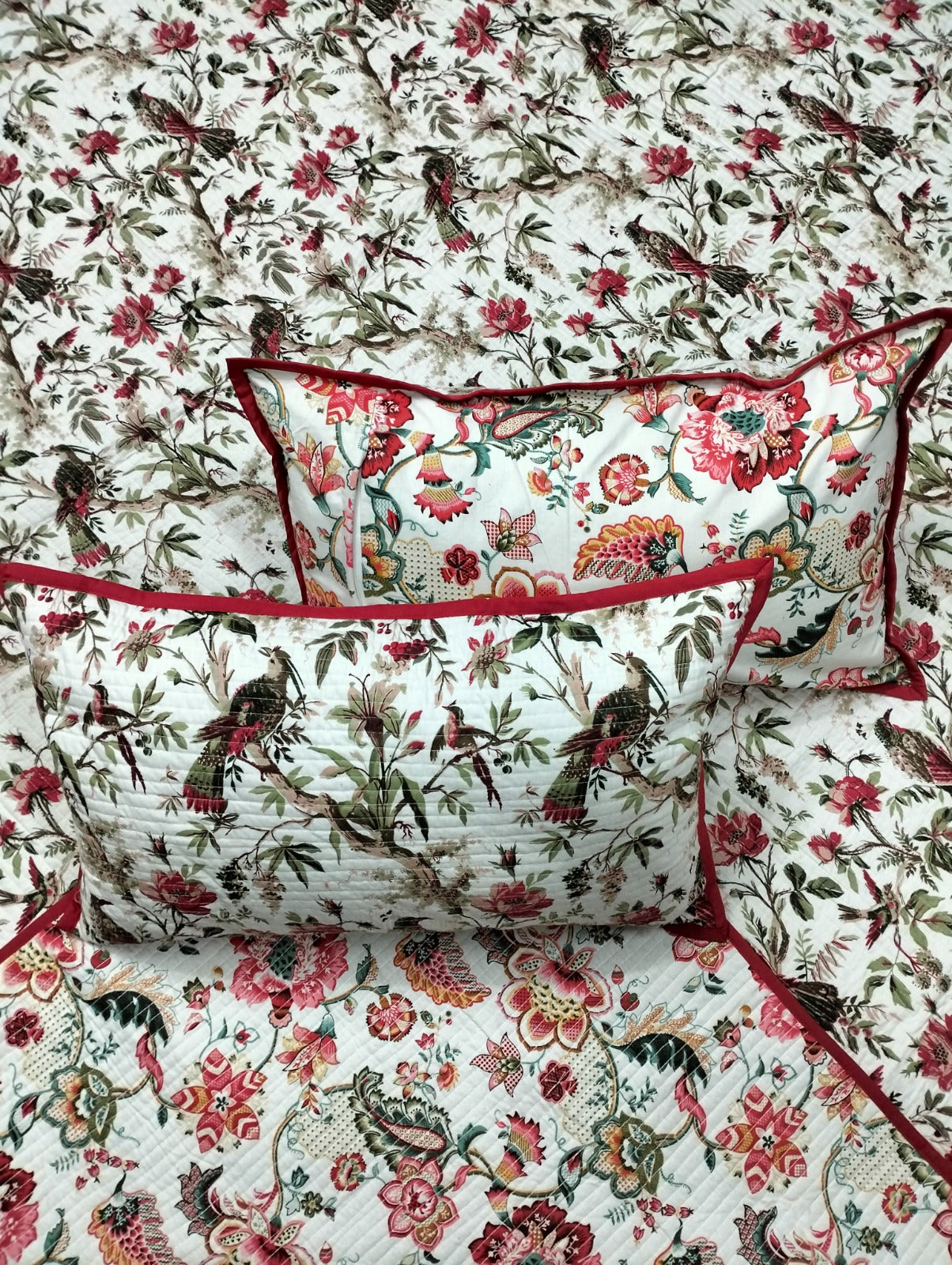 Pure cotton quilted and reversible bedcover/bedsheet with two quilted pillow covers (90x108 inches)