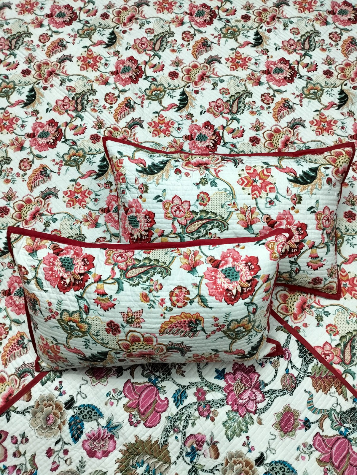 Pure cotton quilted and reversible bedcover/bedsheet with two quilted pillow covers (90x108 inches)