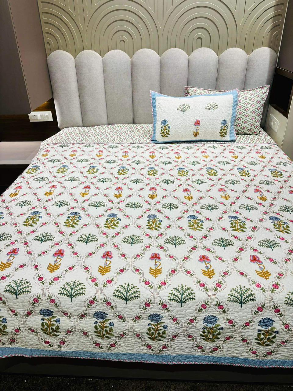 Pure mulmul cotton paani jaal quilted bedcovers with 2 quilted pillow covers for king size beds (90x108 inches)