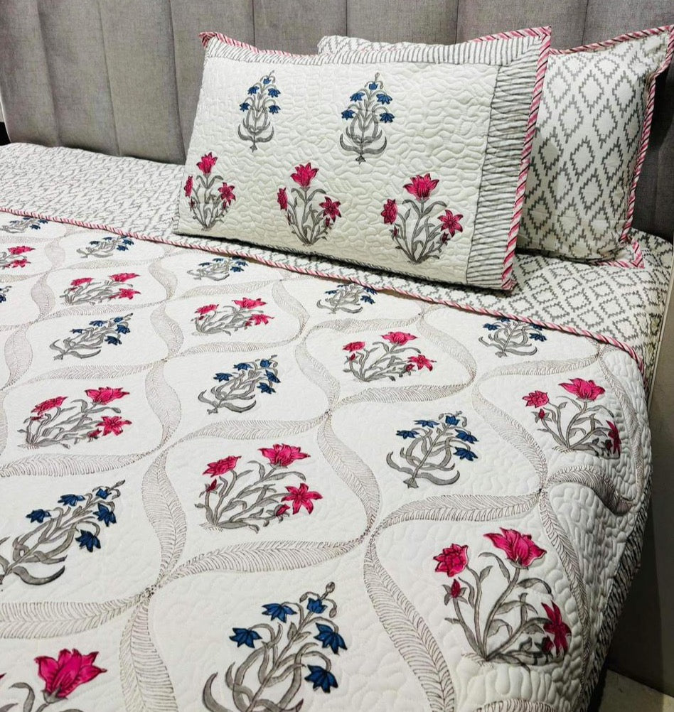 Pure mulmul cotton paani jaal quilted bedcovers with 2 quilted pillow covers for king size beds (90x108 inches)