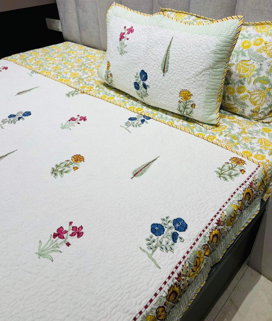 Pure mulmul cotton paani jaal quilted bedcovers with 2 quilted pillow covers for king size beds (90x108 inches)