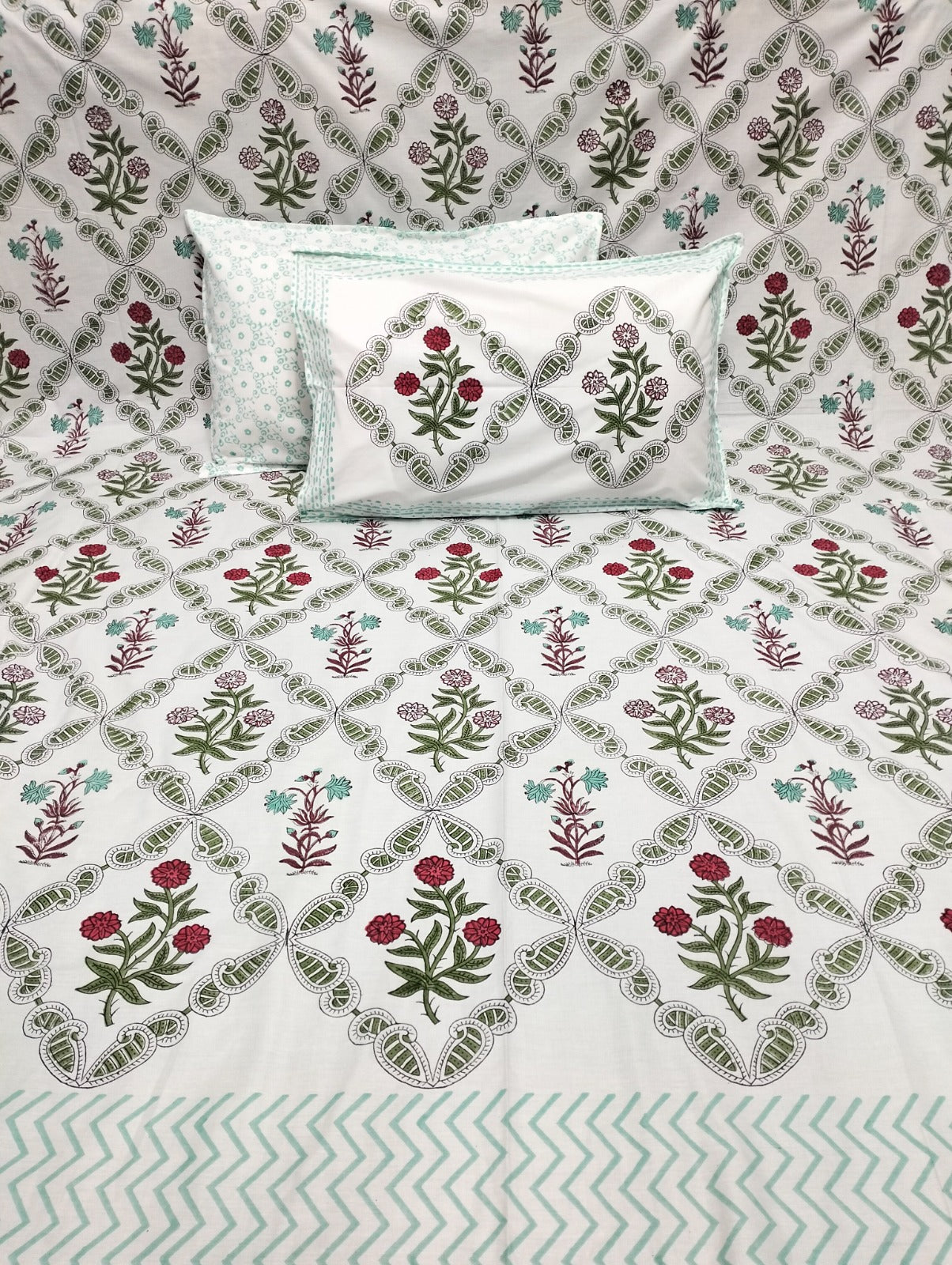 Pure cotton and wooden hand-block printed super king size bedsheets with 2 pillow covers (108x108 inches)