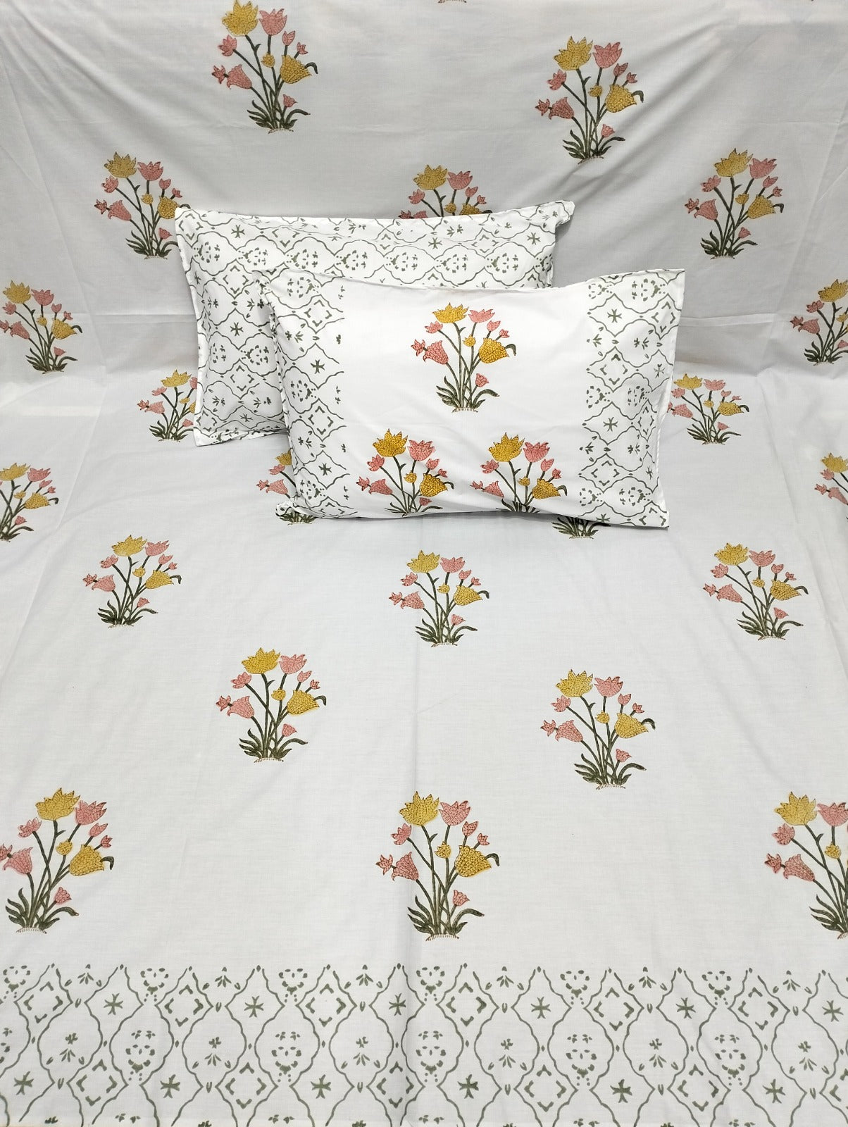 Pure cotton and wooden hand-block printed super king size bedsheets with 2 pillow covers (108x108 inches)