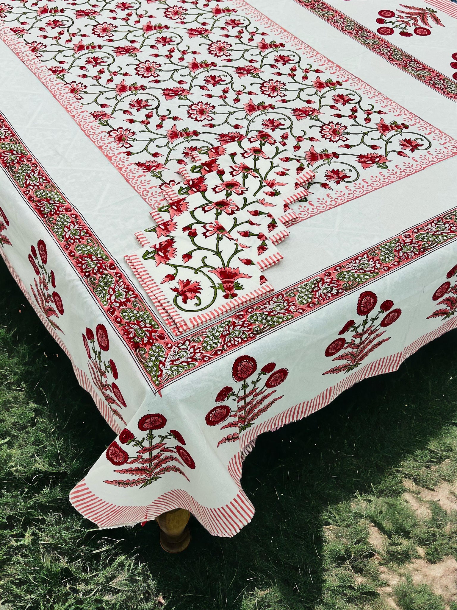 Pure cotton hand-block printed dining table covers with 6 napkins (for 6 seater tables)