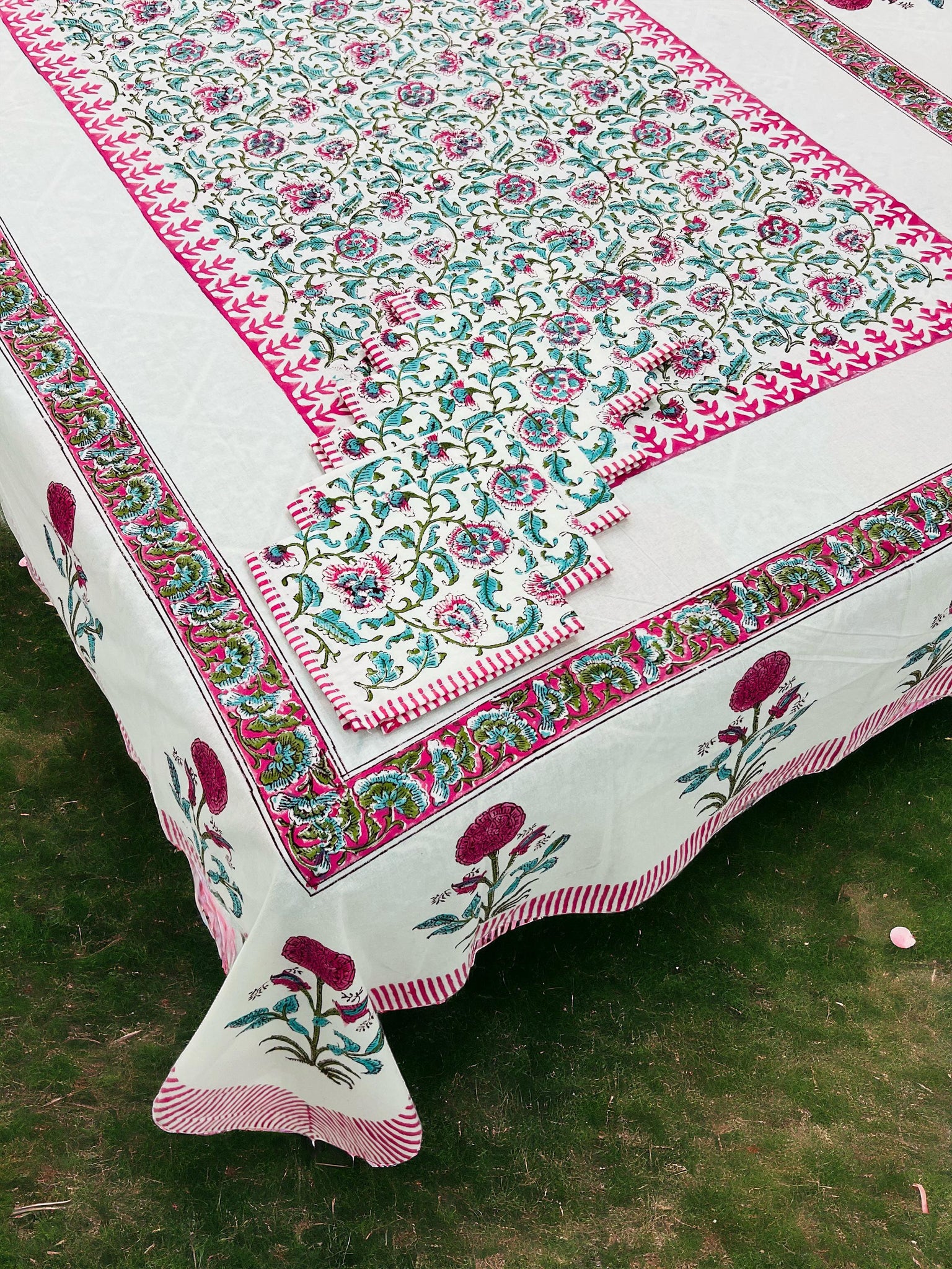 Pure cotton hand-block printed dining table covers with 6 napkins (for 6 seater tables)