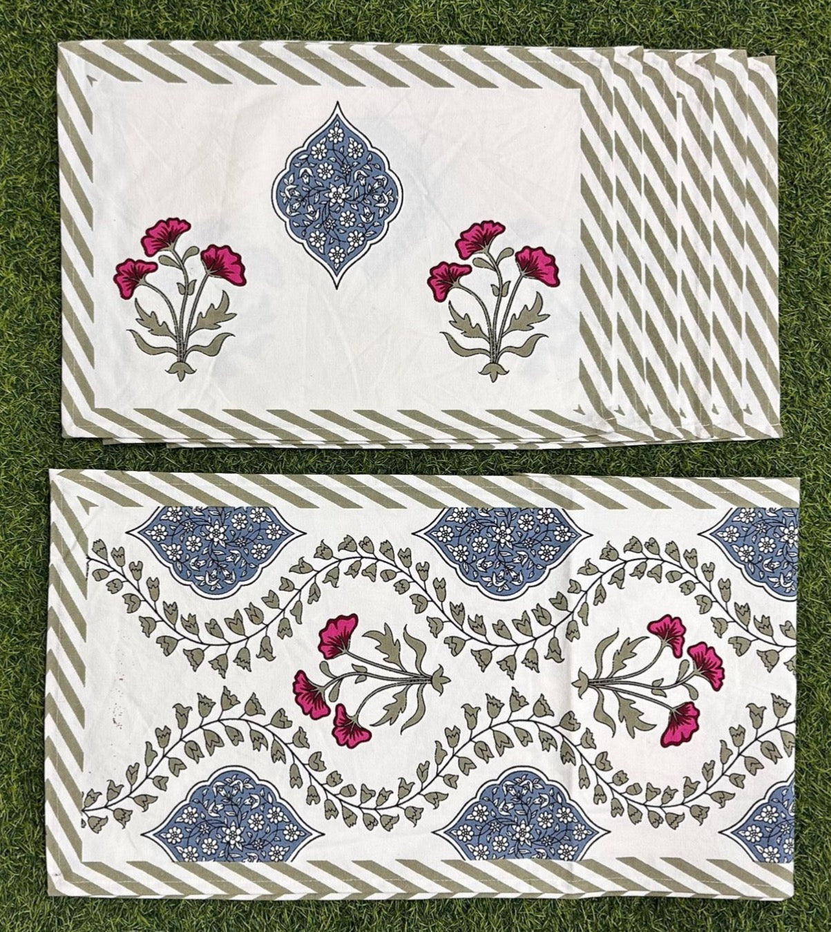 Pure canvas cotton and handblock printed table runner and placemats combo for 4 and 6 seater dining tables