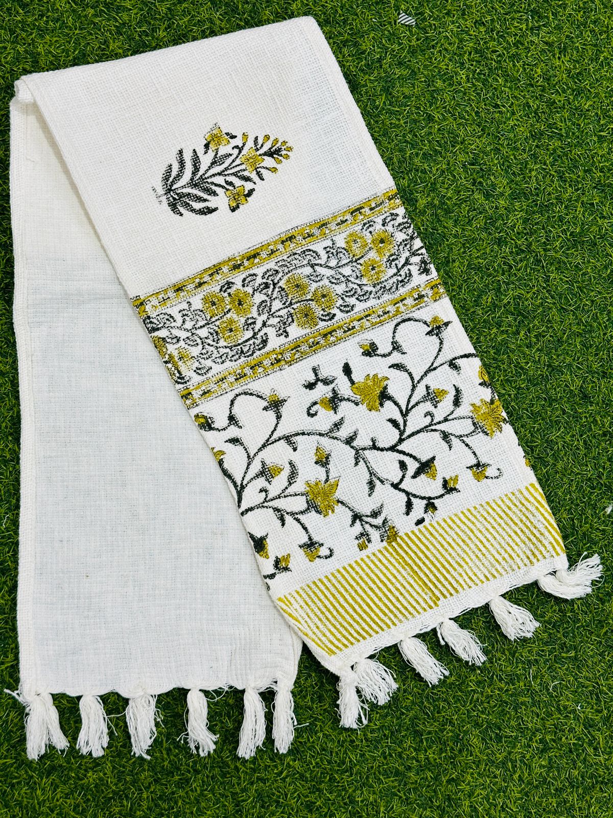 Hand block printed pure TNT cotton (Jute textured) table runners with tassels for 6 seater dining table