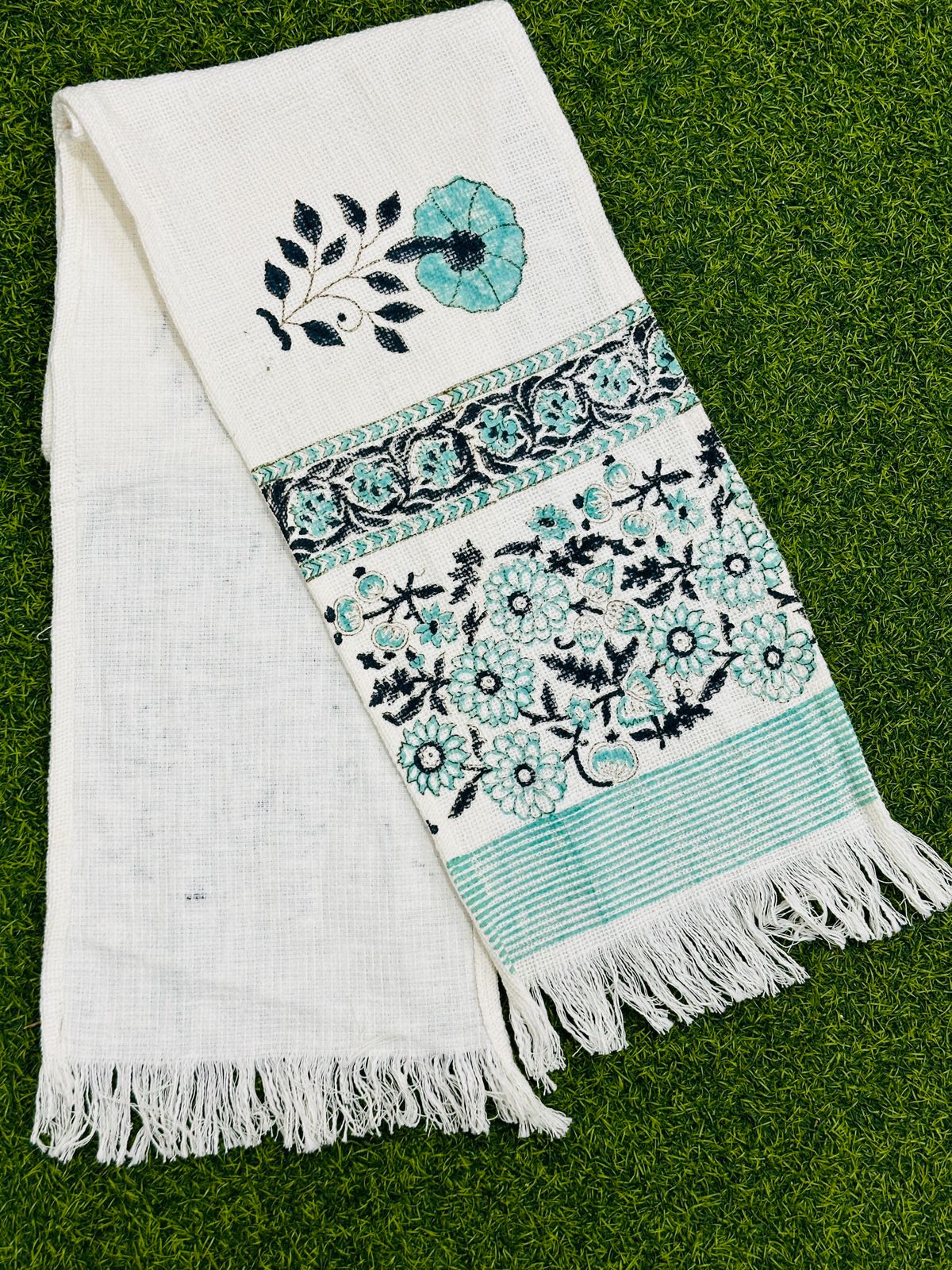 Hand block printed pure TNT cotton (Jute textured) table runners with tassels for 6 seater dining table