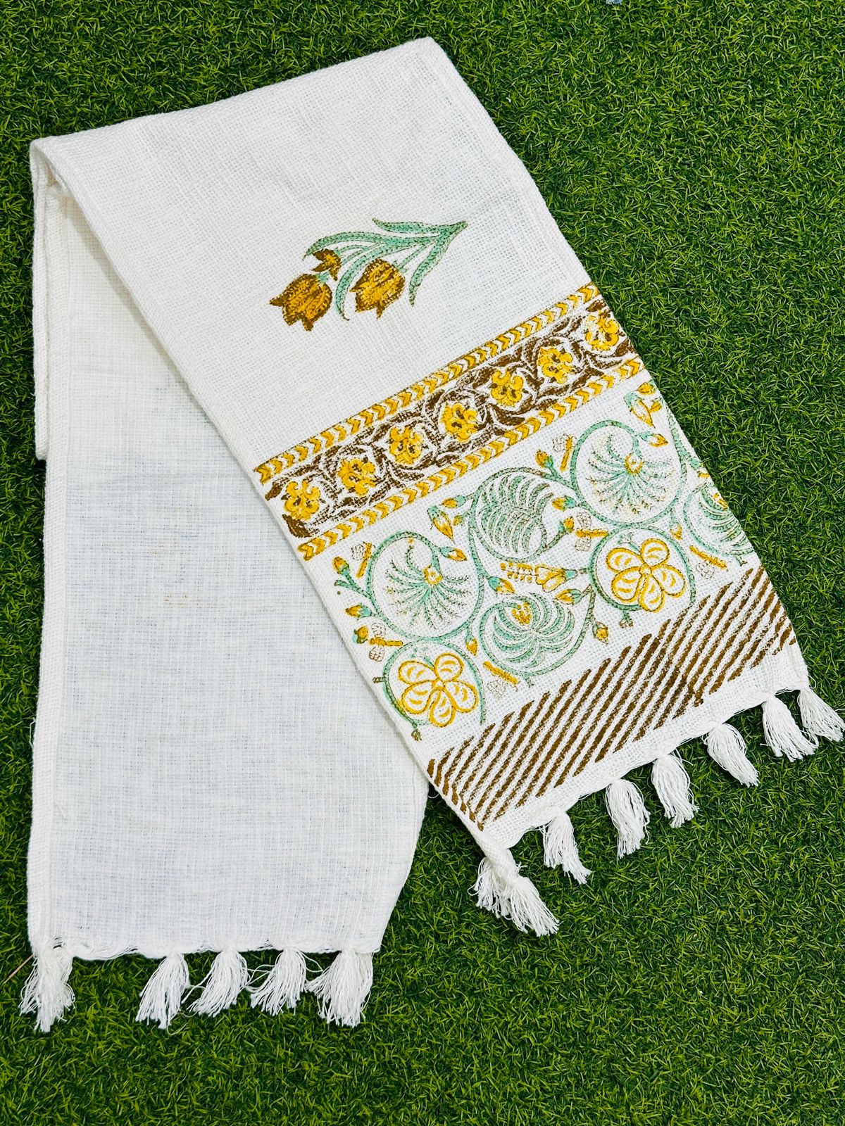 Hand block printed pure TNT cotton (Jute textured) table runners with tassels for 6 seater dining table