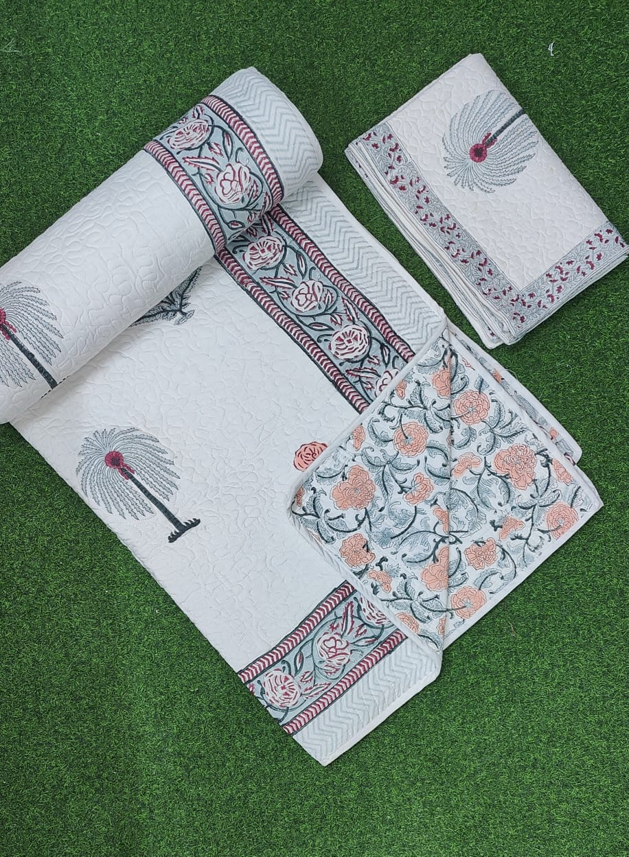 Pure mulmul cotton paani jaal quilted reversible double bedcovers with 2 quilted pillow covers (90x108 inches)