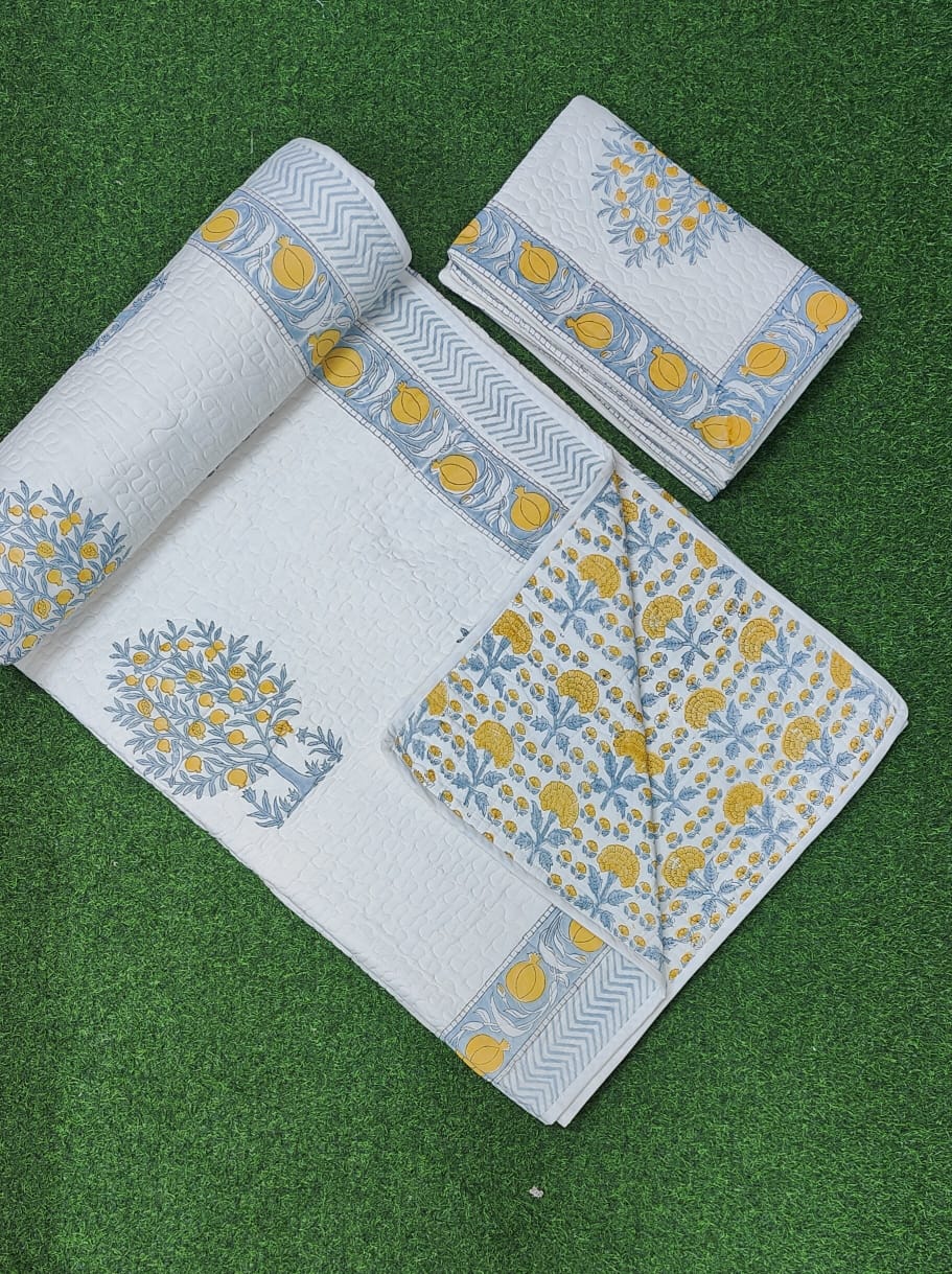 Pure mulmul cotton paani jaal quilted reversible double bedcovers with 2 quilted pillow covers (90x108 inches)