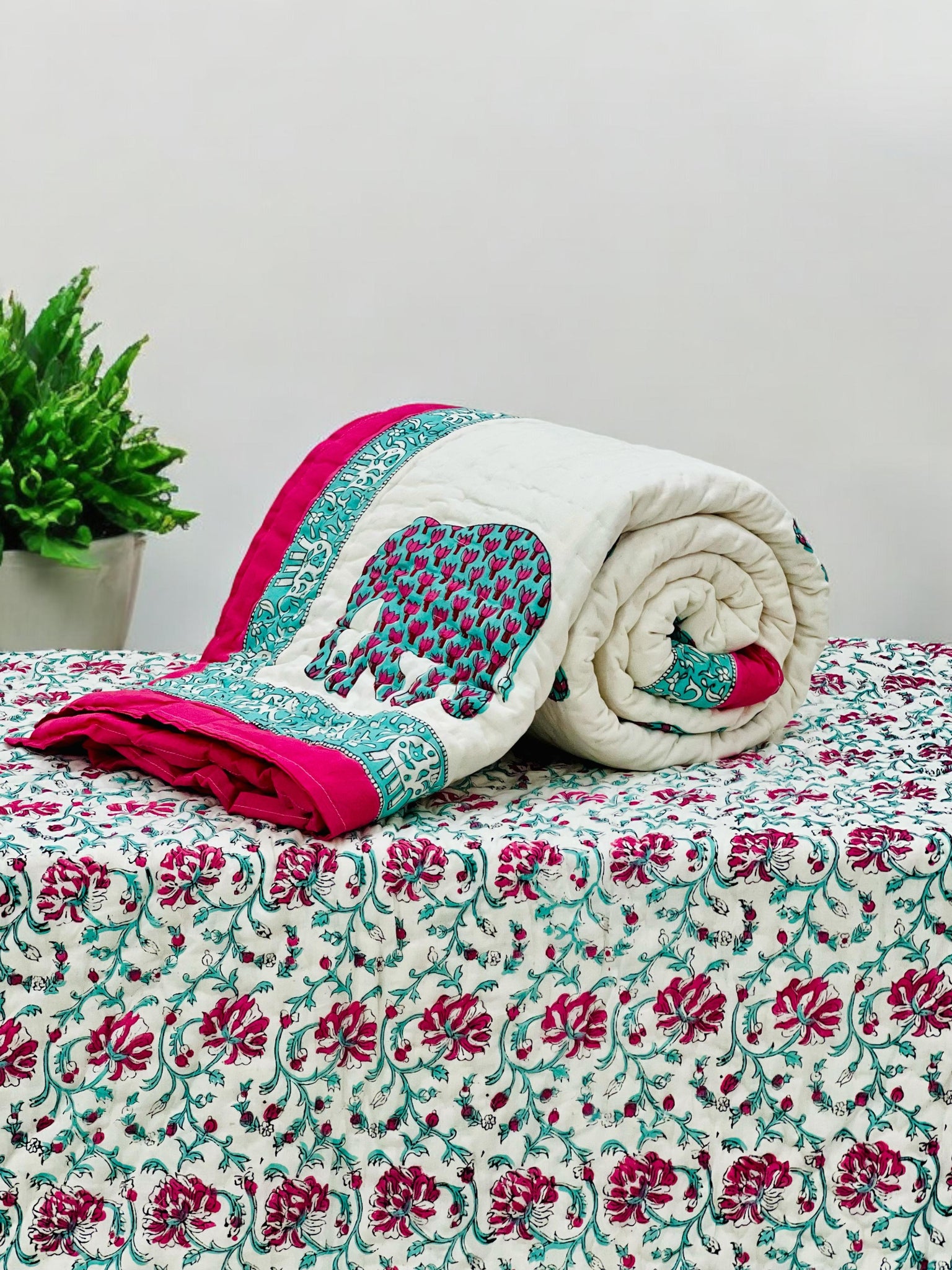 Pure mulmul cotton handblock printed single reversible quilt (razai 60x90 inches)