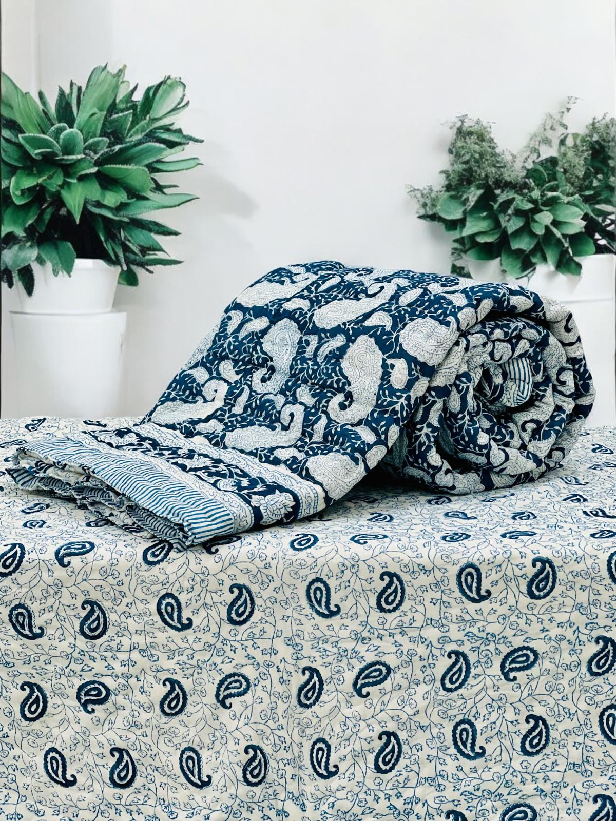 Pure mulmul cotton handblock printed single reversible quilt (razai 60x90 inches)