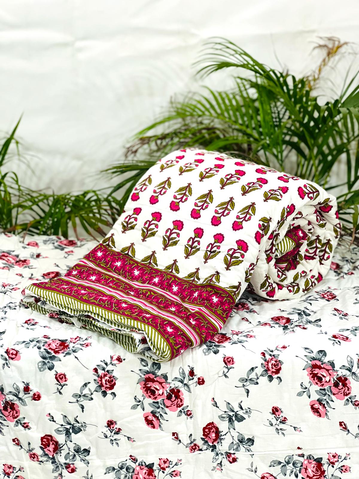 Pure mulmul cotton handblock printed single reversible quilt (razai 60x90 inches)