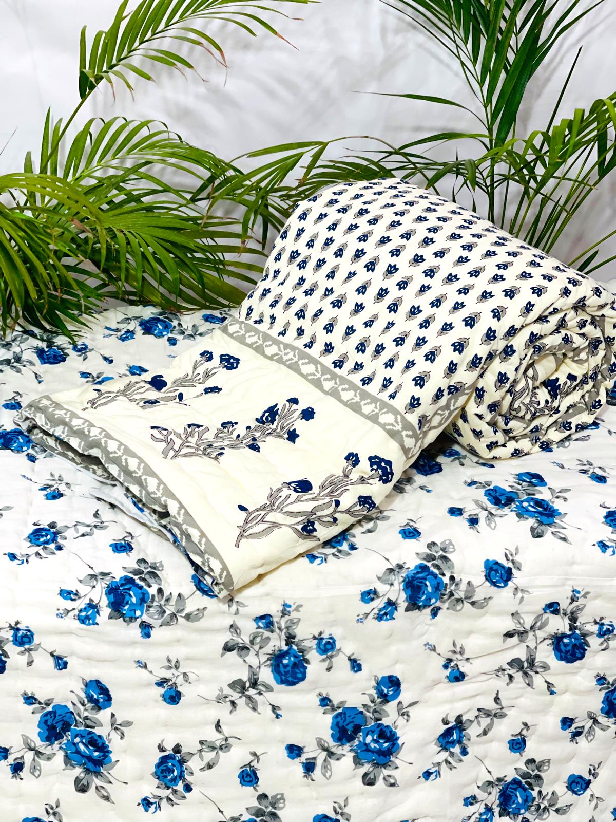 Pure mulmul cotton handblock printed single reversible quilt (razai 60x90 inches)