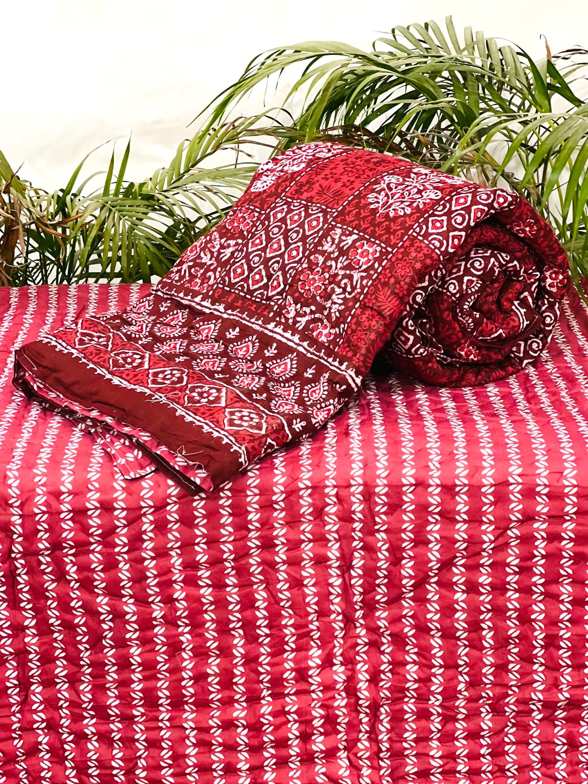 Pure mulmul cotton handblock printed single reversible quilt (razai 60x90 inches)