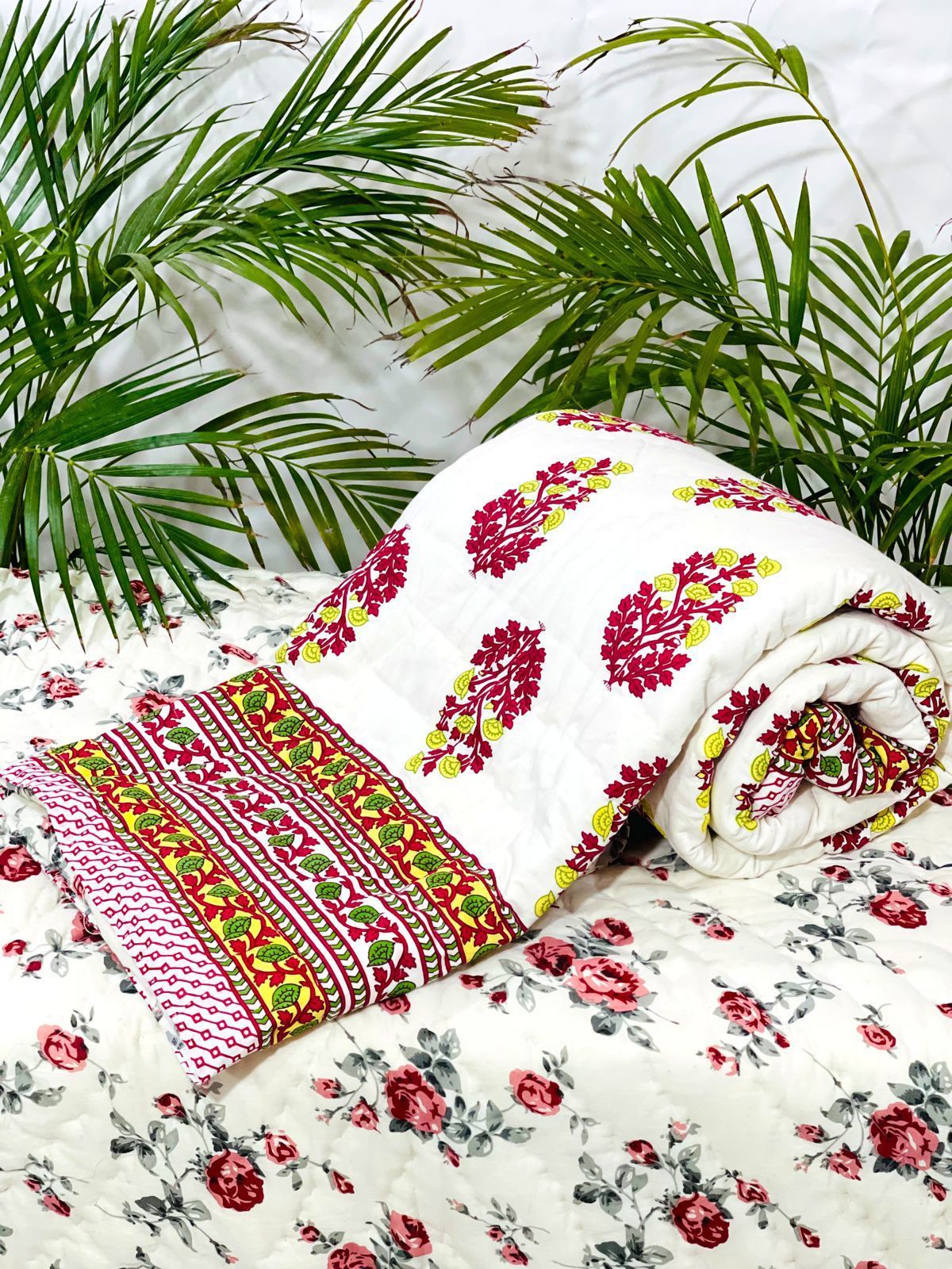 Pure mulmul cotton handblock printed single reversible quilt (razai 60x90 inches)