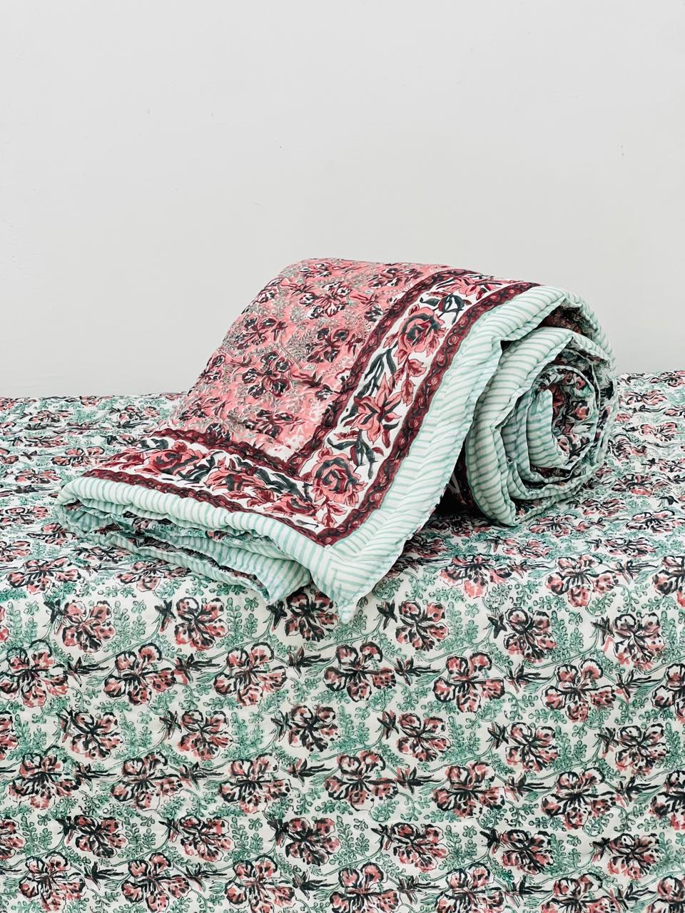 Pure mulmul cotton handblock printed single reversible quilt (razai 60x90 inches)