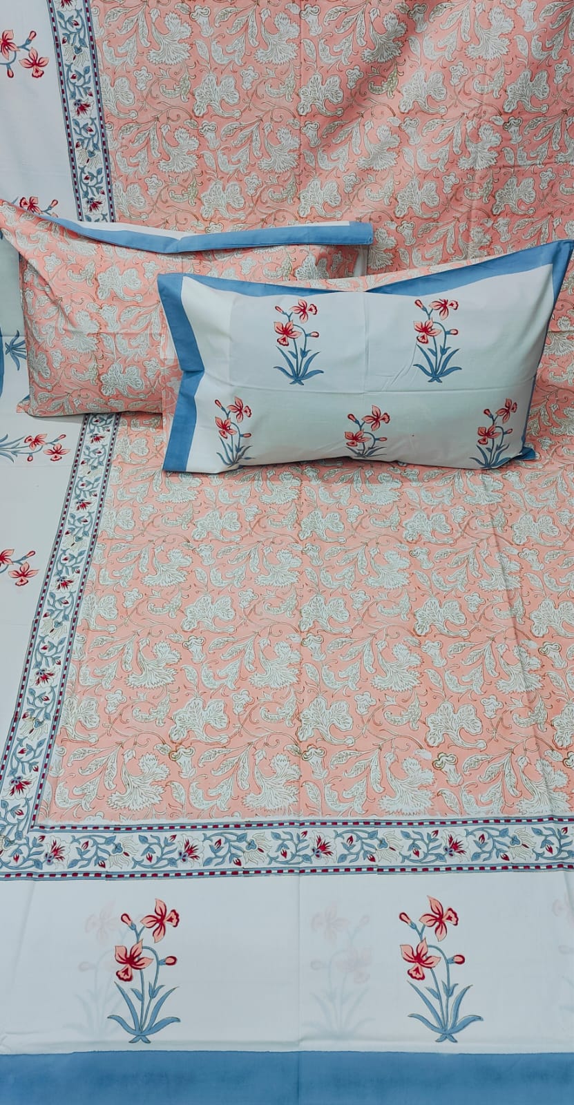 Pure percale cotton and wooden hand-block printed super king size bedsheets with 2 pillow covers (108x108 inches)