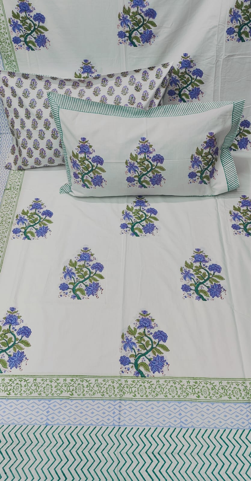 Pure percale cotton and wooden hand-block printed super king size bedsheets with 2 pillow covers (108x108 inches)