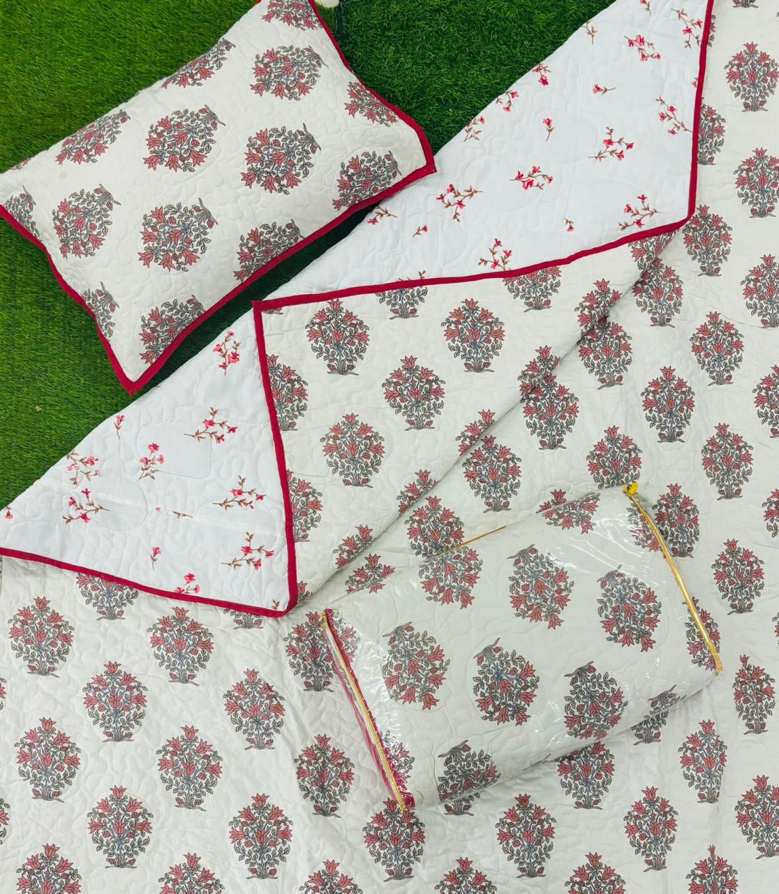 Pure mulmul cotton paani jaal quilted reversible double bedcovers with 2 quilted pillow covers (90x108 inches)