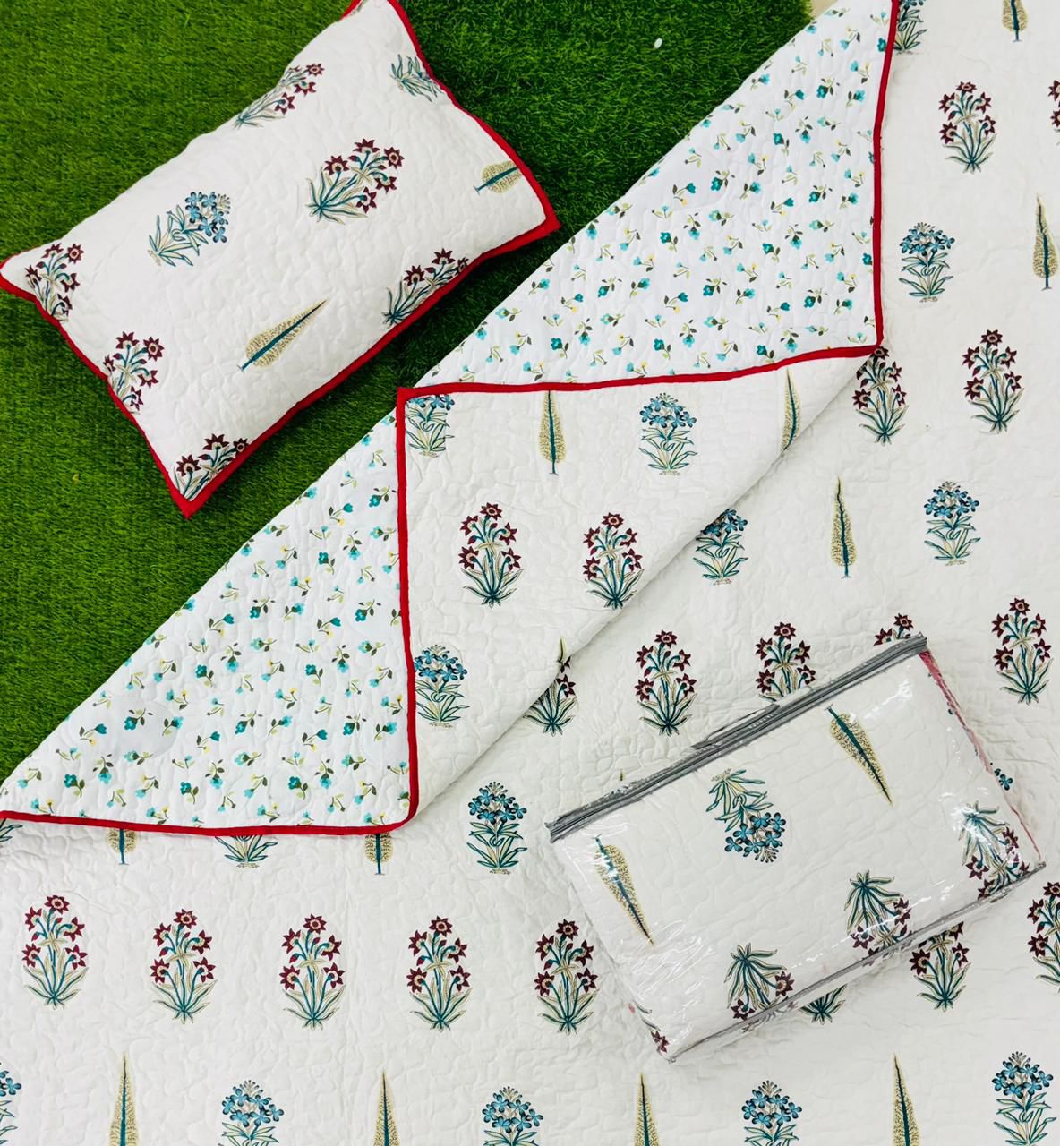 Pure mulmul cotton paani jaal quilted reversible double bedcovers with 2 quilted pillow covers (90x108 inches)