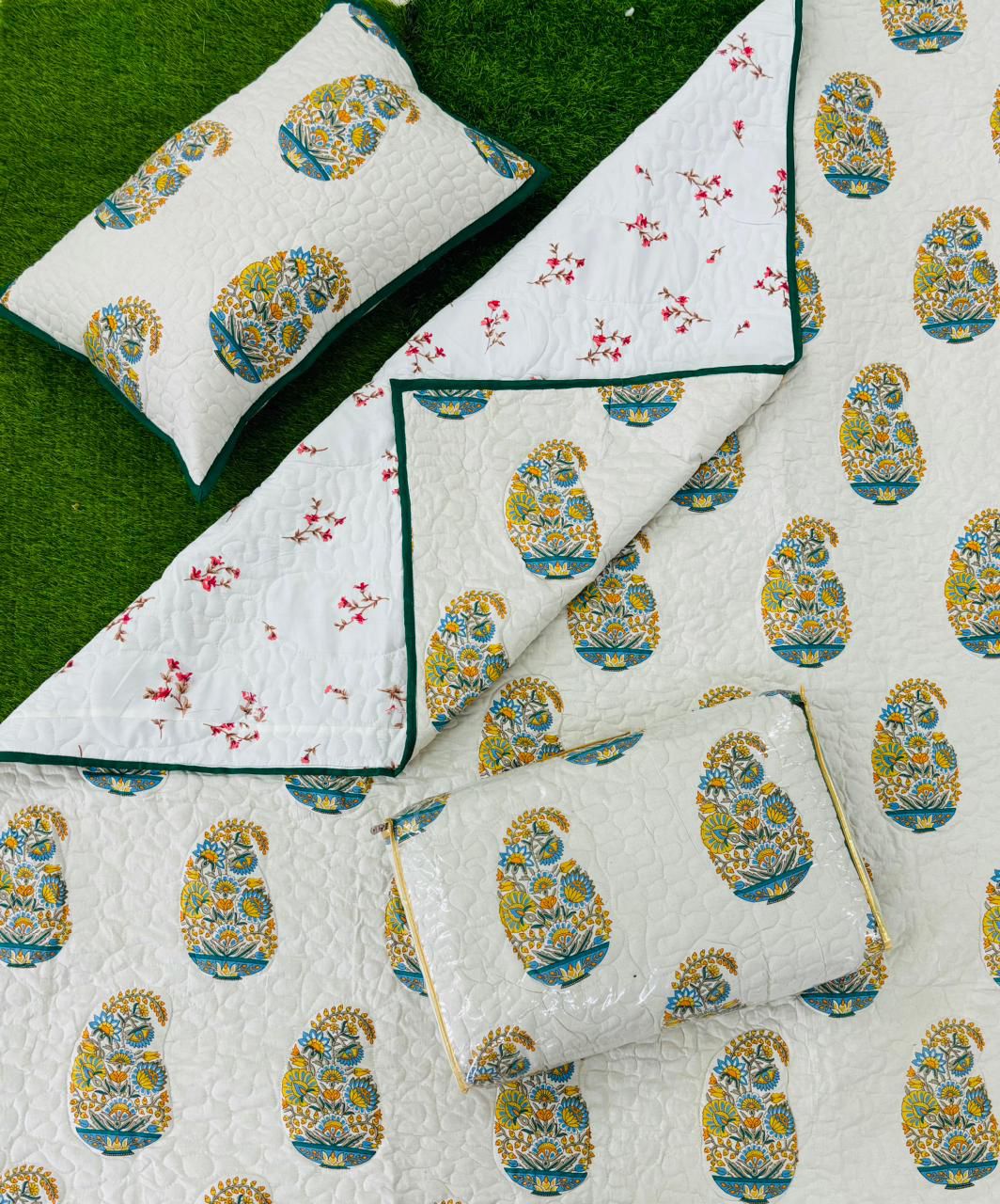 Pure mulmul cotton paani jaal quilted reversible double bedcovers with 2 quilted pillow covers (90x108 inches)