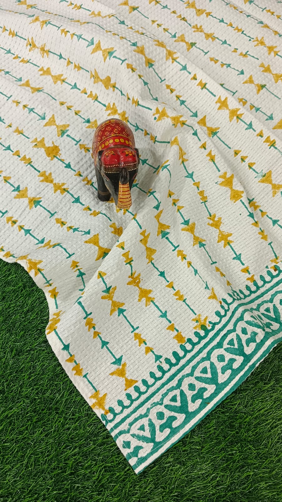 Luxury pure cotton, hand-block printed waffle textured bath towel