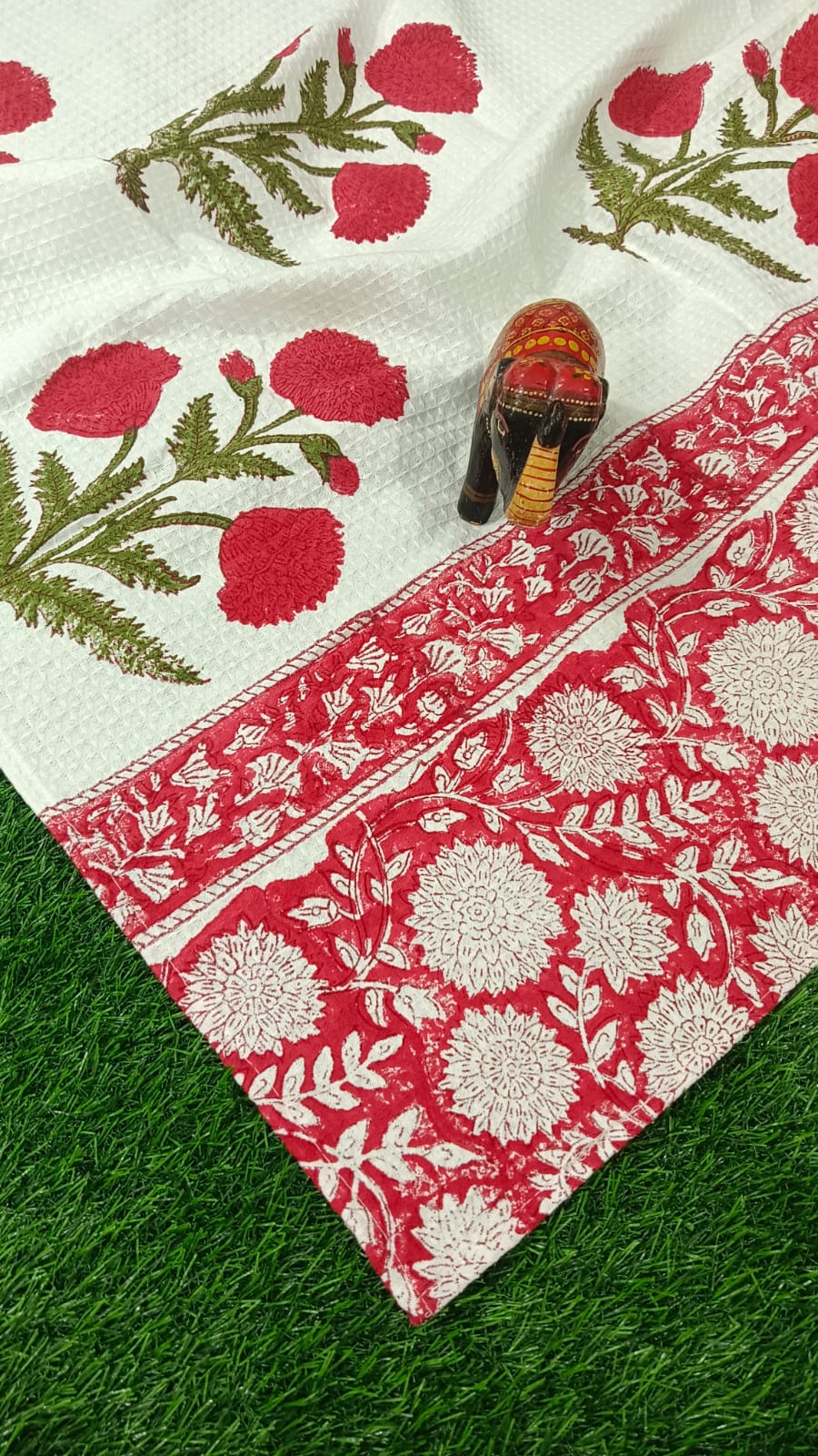 Luxury pure cotton, hand-block printed waffle textured bath towel