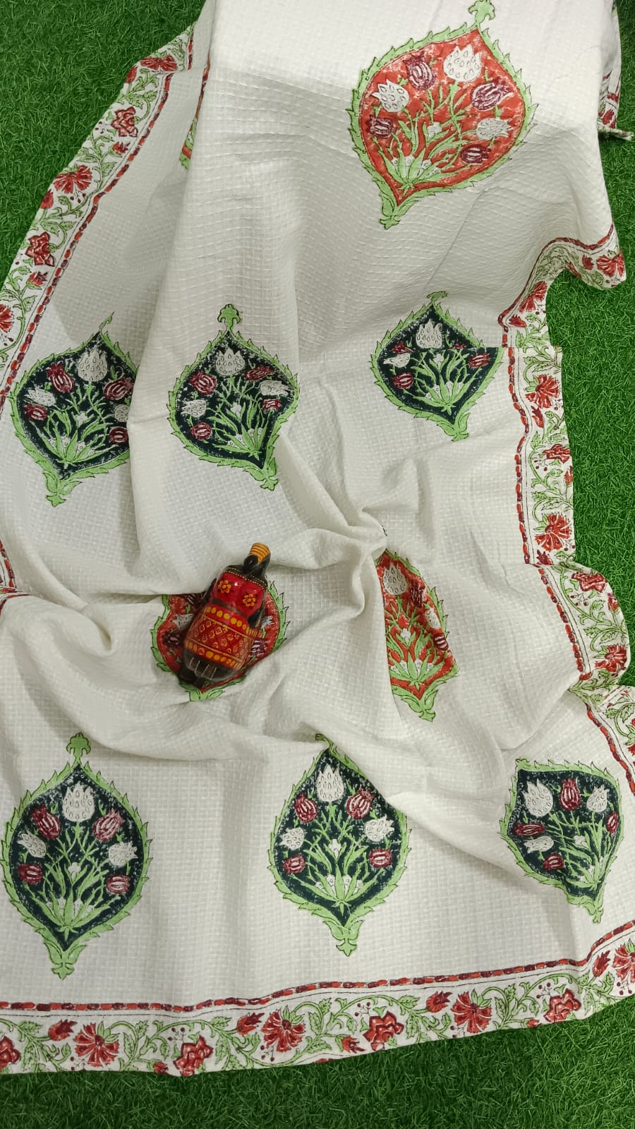 Luxury pure cotton, hand-block printed waffle textured bath towel