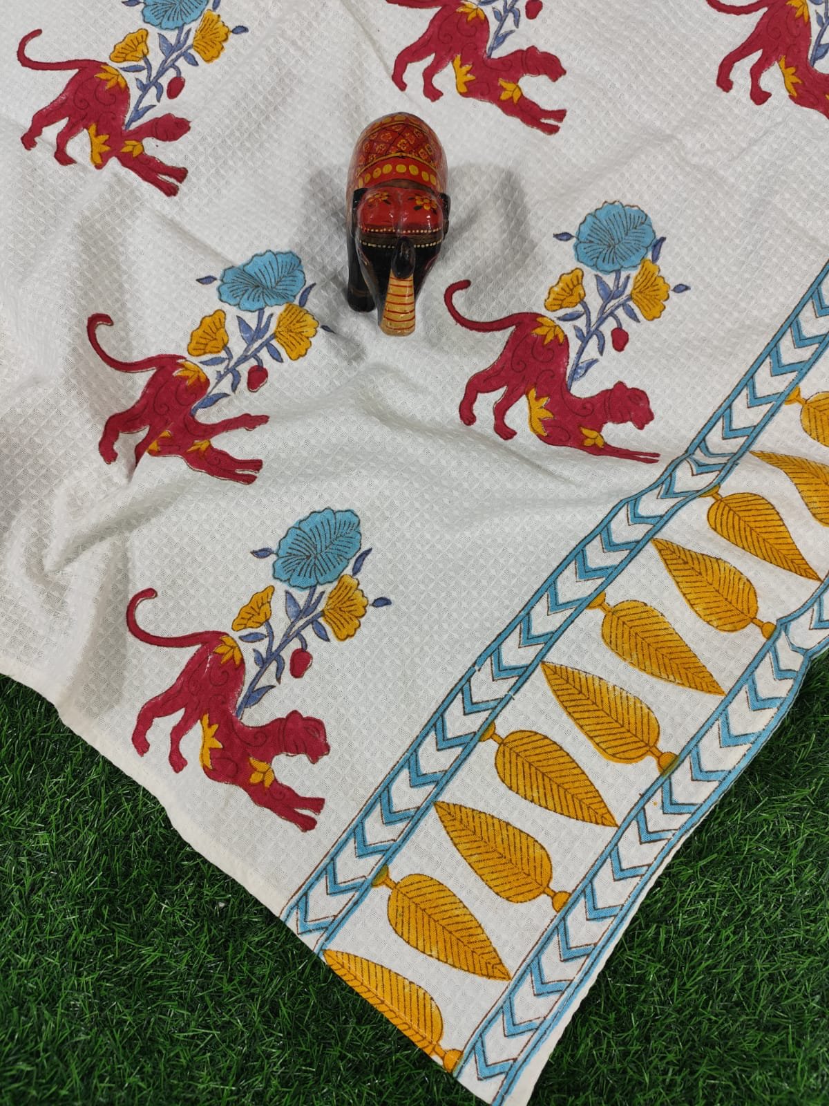 Luxury pure cotton, hand-block printed waffle textured bath towel