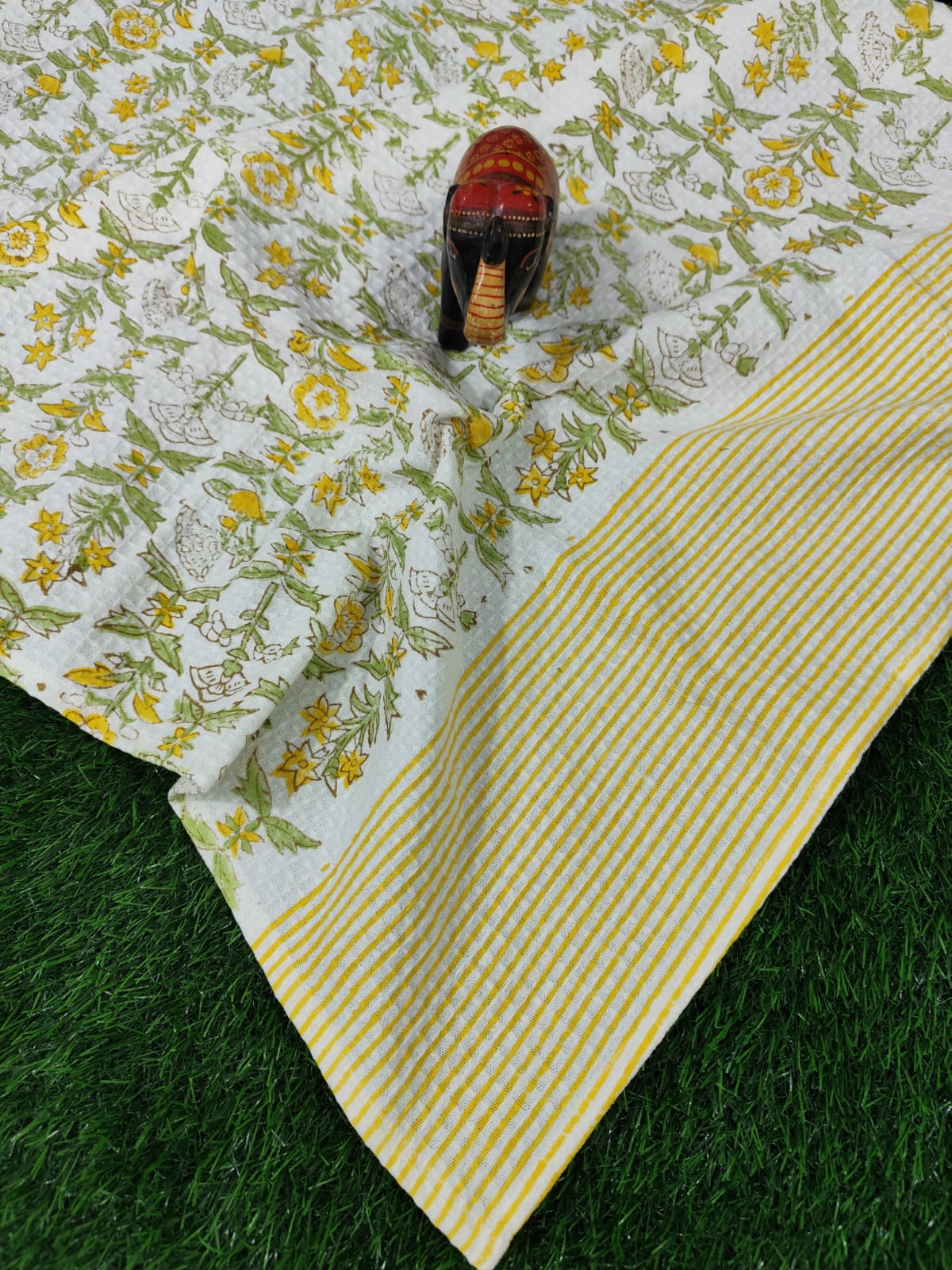 Luxury pure cotton, hand-block printed waffle textured bath towel