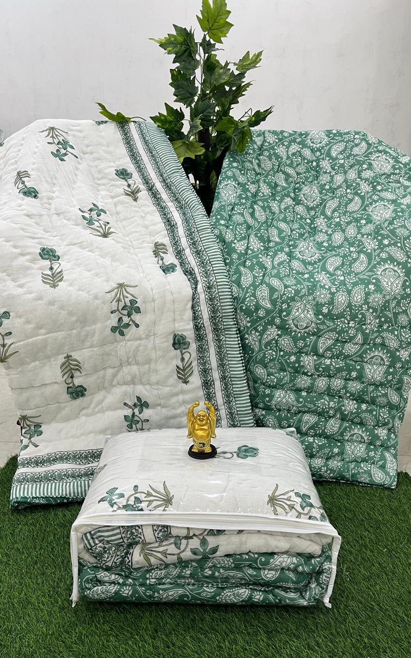 Pure mulmul cotton pair of 2 single reversible quilts/razai (60x90 inches each)