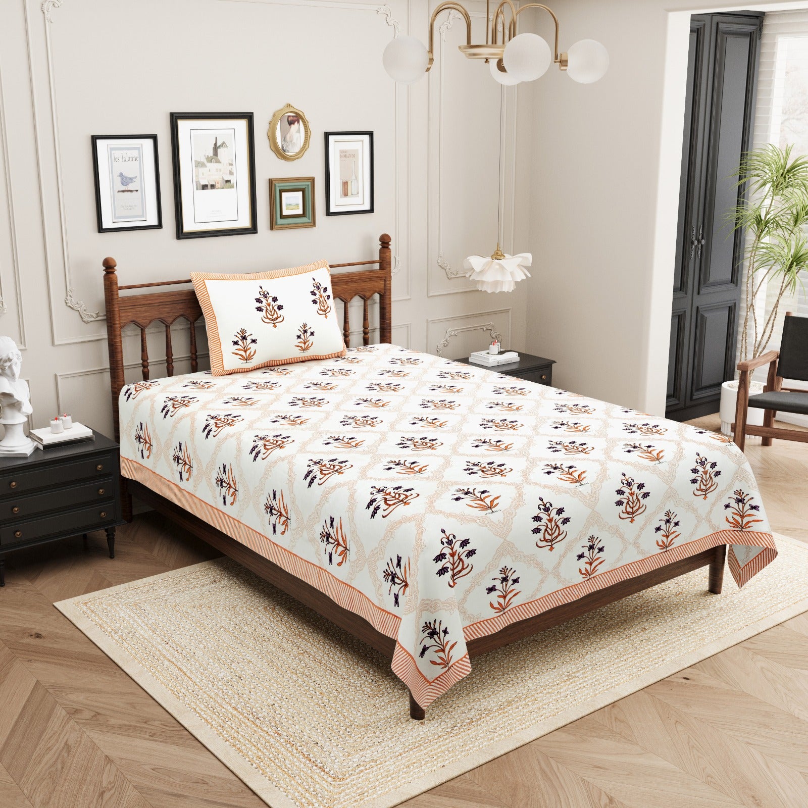 Pure cotton single bedsheet with 1 pillow cover pairs (set of 2)